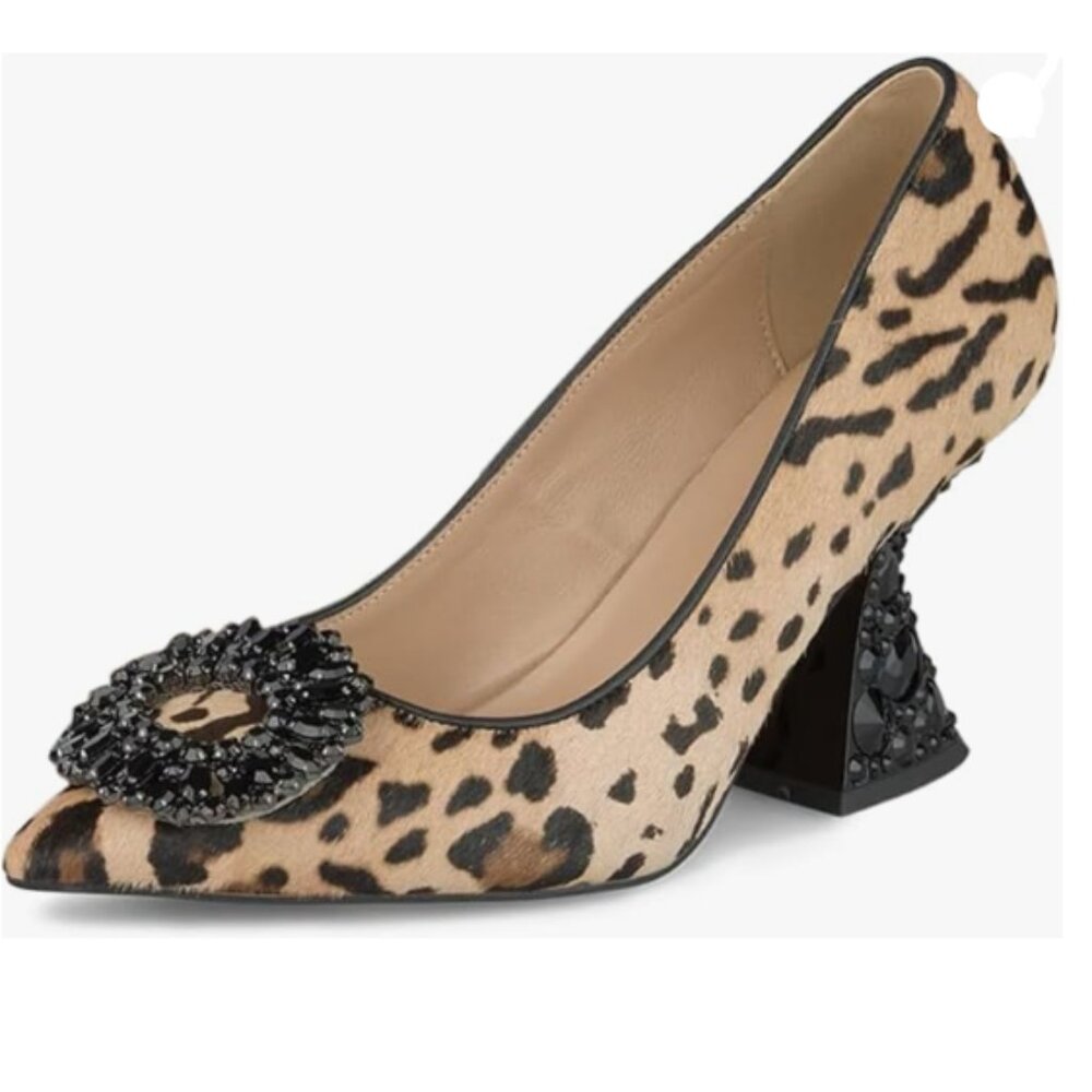 YDN Leopard Studded Buckle Rhinestone Slip On Crystal Chunky High Heels Pumps